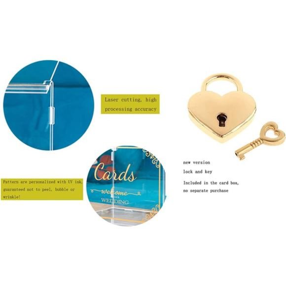 Wedding Card Box With Lock(Acrylic 11×8×8 in),Foldable,Gold Pattern - Picture 5 of 7